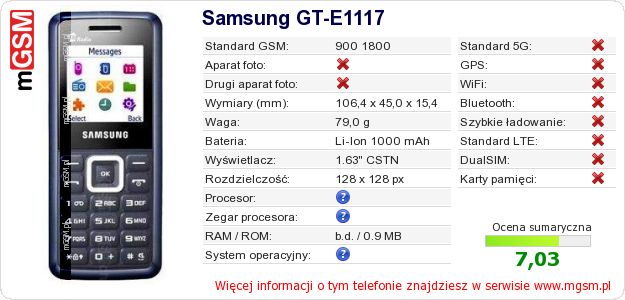 Dane telefonu Samsung GT-E1117