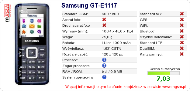 Dane telefonu Samsung GT-E1117