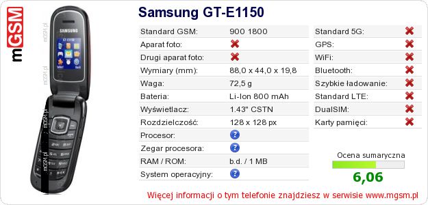Dane telefonu Samsung GT-E1150 Dane telefonu Samsung GT-E1150
