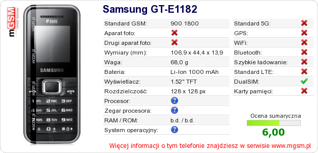 Dane telefonu Samsung GT-E1182