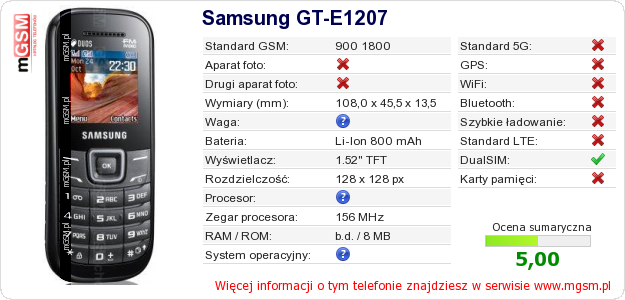 Dane telefonu Samsung GT-E1207 Dane telefonu Samsung GT-E1207