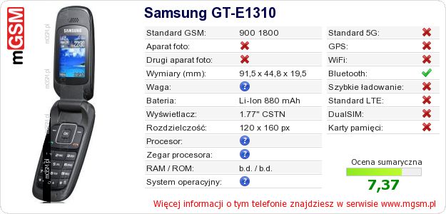 Dane telefonu Samsung GT-E1310 Dane telefonu Samsung GT-E1310
