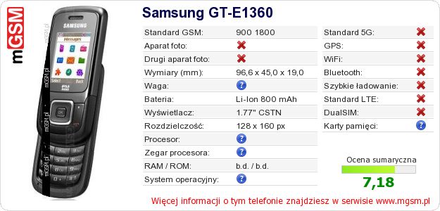 Dane telefonu Samsung GT-E1360 Dane telefonu Samsung GT-E1360