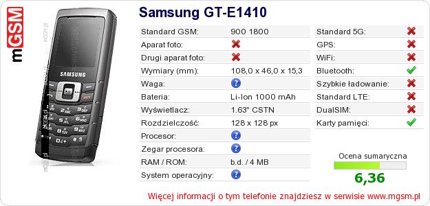 Dane telefonu Samsung GT-E1410 Dane telefonu Samsung GT-E1410