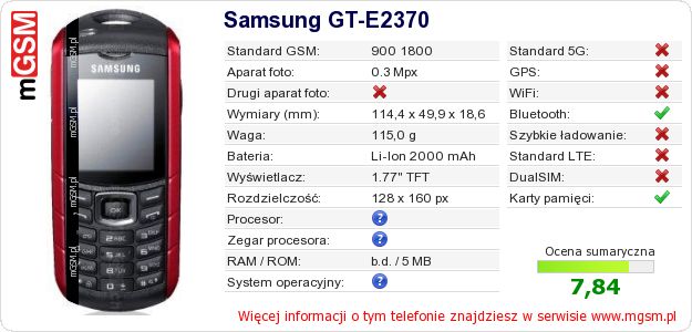 Dane telefonu Samsung GT-E2370 Dane telefonu Samsung GT-E2370