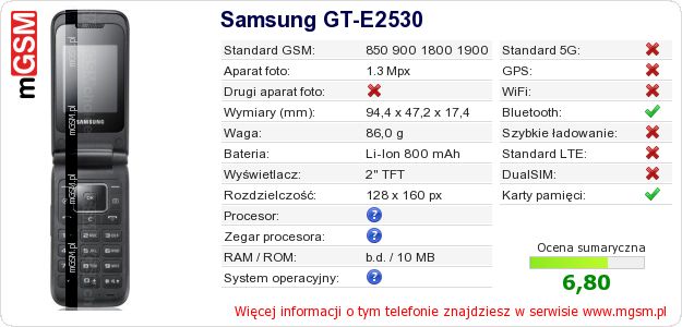 Dane telefonu Samsung GT-E2530