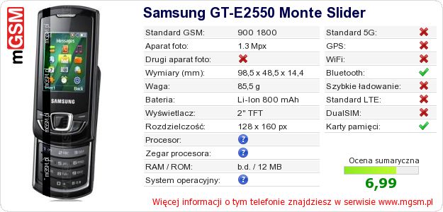 Dane telefonu Samsung GT-E2550 Monte Slider Dane telefonu Samsung GT-E2550 Monte Slider