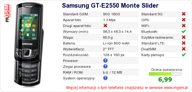 Dane telefonu Samsung GT-E2550 Monte Slider