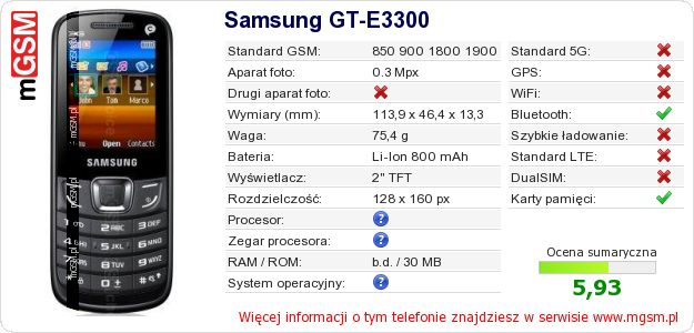 Dane telefonu Samsung GT-E3300 Dane telefonu Samsung GT-E3300