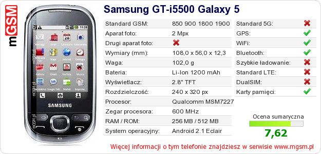Dane telefonu Samsung GT-i5500 Galaxy 5