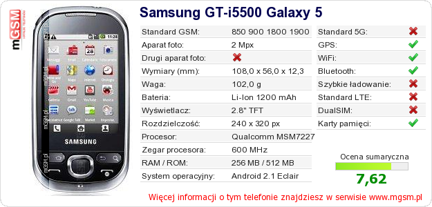 Dane telefonu Samsung GT-i5500 Galaxy 5