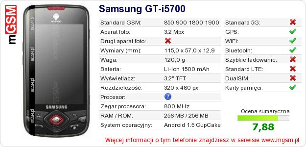 Dane telefonu Samsung GT-i5700 Dane telefonu Samsung GT-i5700