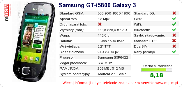 Dane telefonu Samsung GT-i5800 Galaxy 3