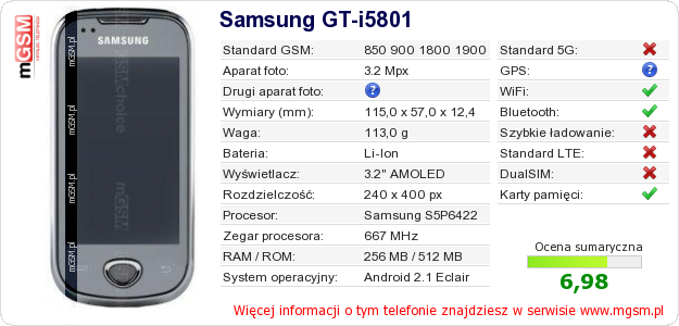 Dane telefonu Samsung GT-i5801