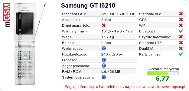 Dane telefonu Samsung GT-i6210