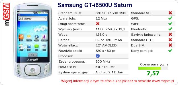 Dane telefonu Samsung GT-i6500U Saturn