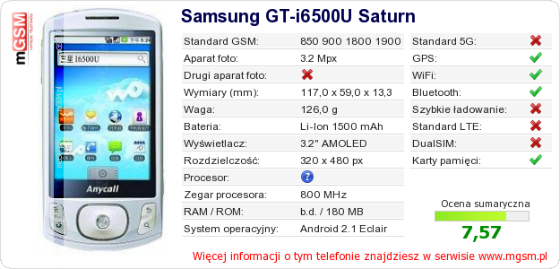 Dane telefonu Samsung GT-i6500U Saturn