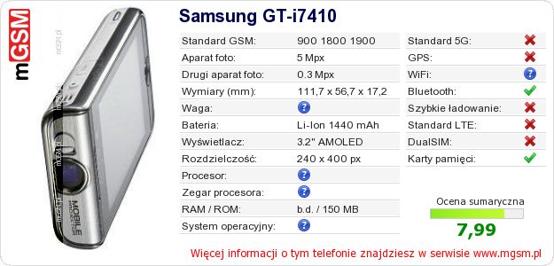 Dane telefonu Samsung GT-i7410