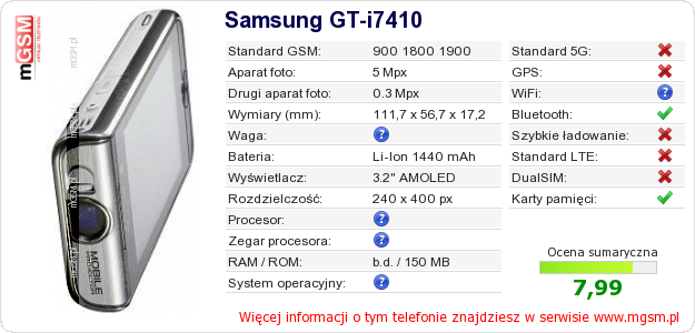 Dane telefonu Samsung GT-i7410 Dane telefonu Samsung GT-i7410