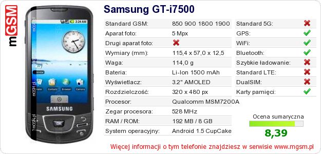 Dane telefonu Samsung GT-i7500 Dane telefonu Samsung GT-i7500