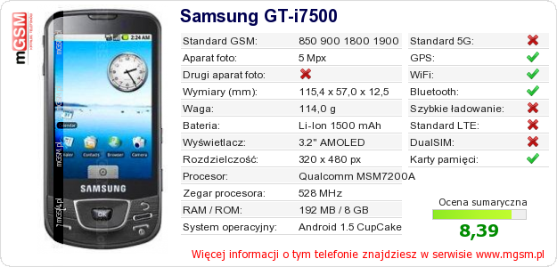 Dane telefonu Samsung GT-i7500