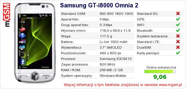 Dane telefonu Samsung GT-i8000 Omnia 2 Dane telefonu Samsung GT-i8000 Omnia 2