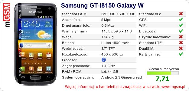 Dane telefonu Samsung GT-i8150 Galaxy W Dane telefonu Samsung GT-i8150 Galaxy W