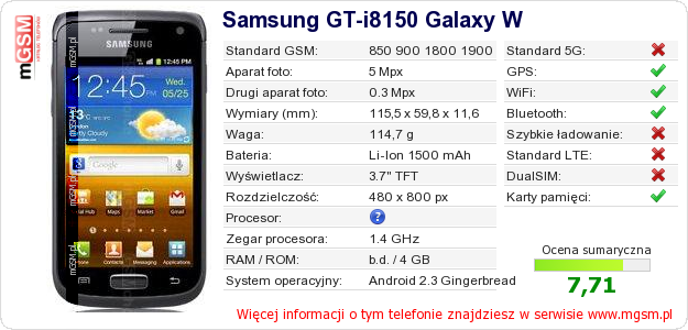 Dane telefonu Samsung GT-i8150 Galaxy W