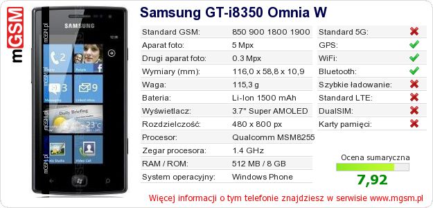 Dane telefonu Samsung GT-i8350 Omnia W