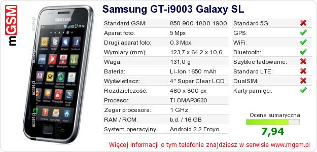 Dane telefonu Samsung GT-i9003 Galaxy SL Dane telefonu Samsung GT-i9003 Galaxy SL