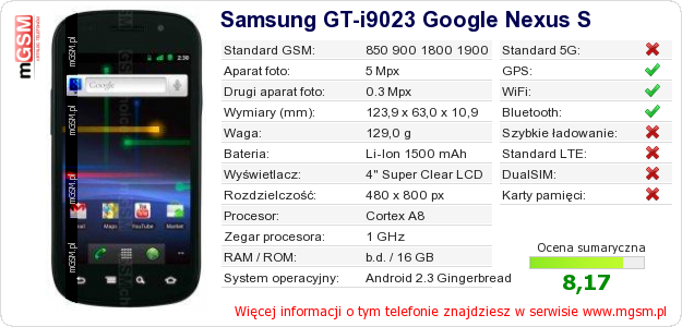 Dane telefonu Samsung GT-i9023 Google Nexus S