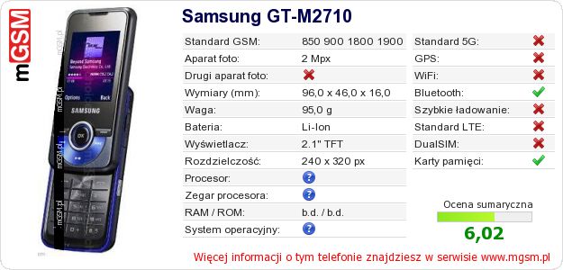 Dane telefonu Samsung GT-M2710 Dane telefonu Samsung GT-M2710