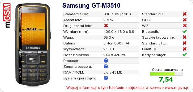 Dane telefonu Samsung GT-M3510 Dane telefonu Samsung GT-M3510