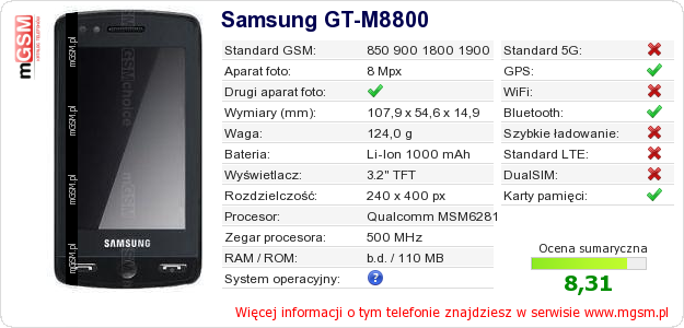 Dane telefonu Samsung GT-M8800