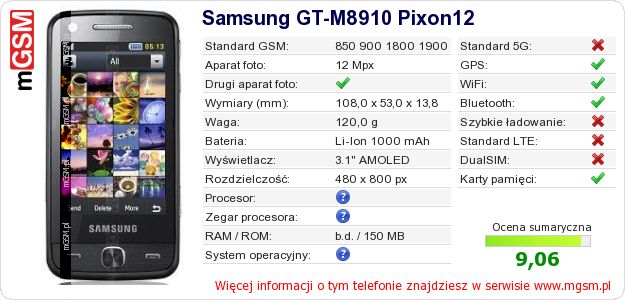 Dane telefonu Samsung GT-M8910 Pixon12 Dane telefonu Samsung GT-M8910 Pixon12