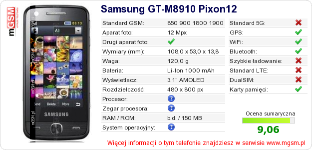 Dane telefonu Samsung GT-M8910 Pixon12