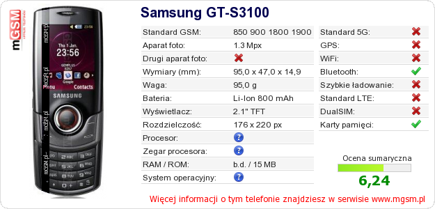 Dane telefonu Samsung GT-S3100