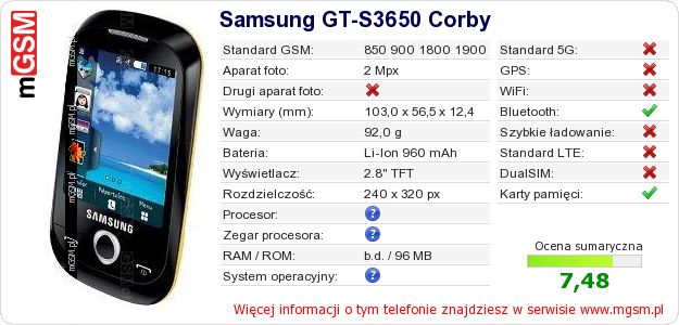 Dane telefonu Samsung GT-S3650 Corby Dane telefonu Samsung GT-S3650 Corby