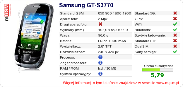 Dane telefonu Samsung GT-S3770