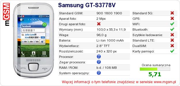 Dane telefonu Samsung GT-S3778V