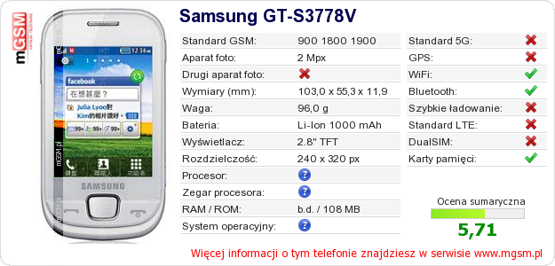 Dane telefonu Samsung GT-S3778V