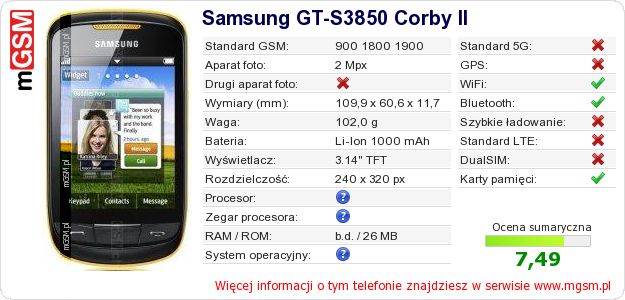 Dane telefonu Samsung GT-S3850 Corby II