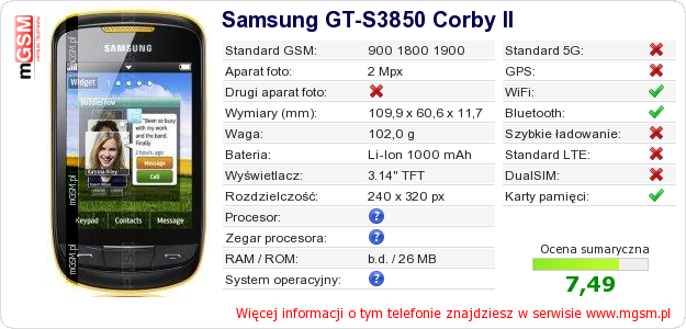 Dane telefonu Samsung GT-S3850 Corby II
