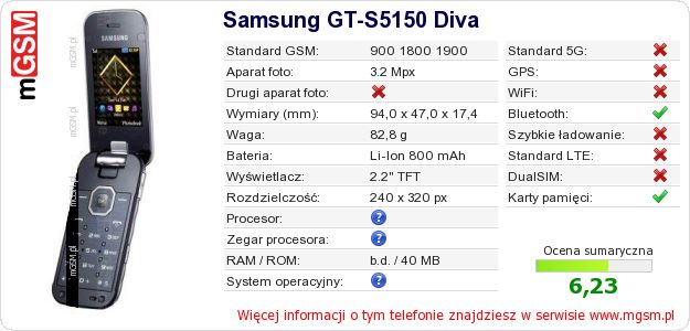 Dane telefonu Samsung GT-S5150 Diva