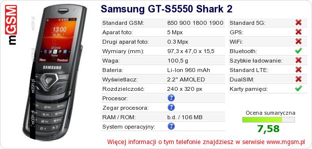 Dane telefonu Samsung GT-S5550 Shark 2 Dane telefonu Samsung GT-S5550 Shark 2