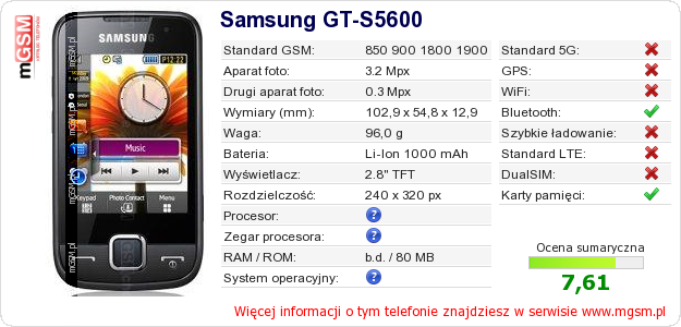 Dane telefonu Samsung GT-S5600