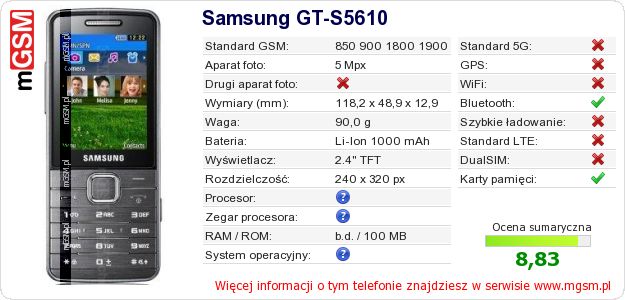 Dane telefonu Samsung GT-S5610 Dane telefonu Samsung GT-S5610