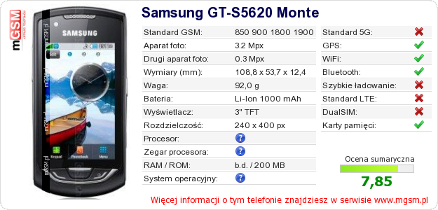 Dane telefonu Samsung GT-S5620 Monte