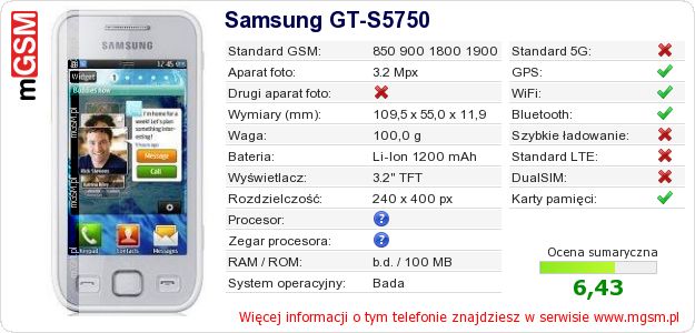 Dane telefonu Samsung GT-S5750 Dane telefonu Samsung GT-S5750