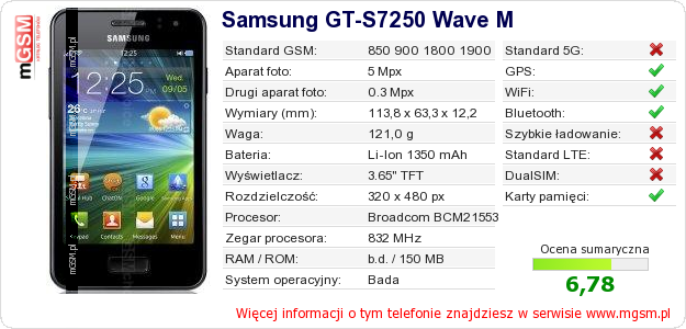 Dane telefonu Samsung GT-S7250 Wave M
